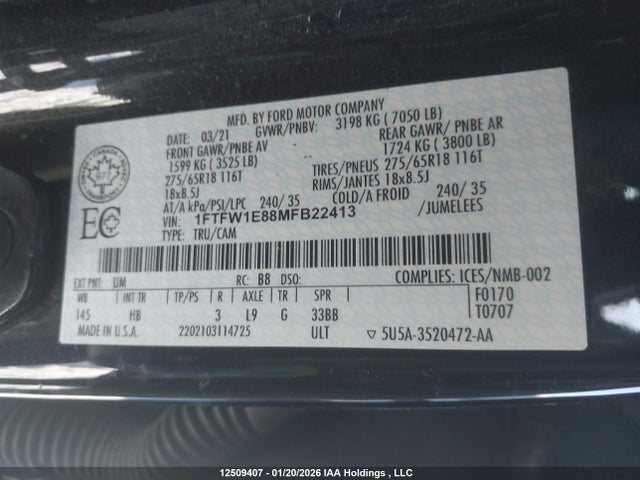 Ford F-150 Lariat 2021 1FTFW1E88MFB22413 Image 9