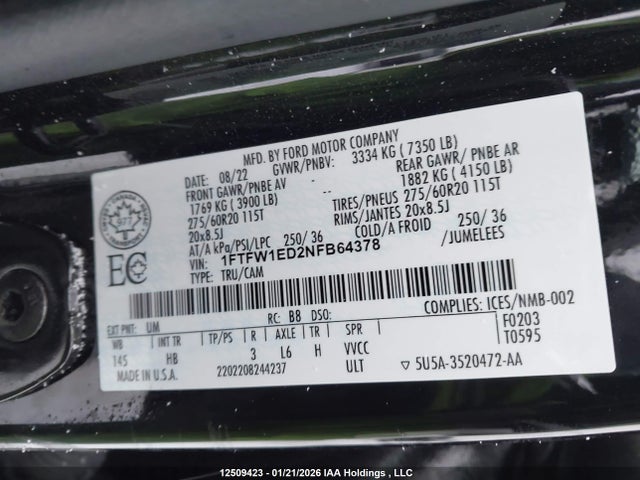 Ford F-150 Lariat 2022 1FTFW1ED2NFB64378 Image 9