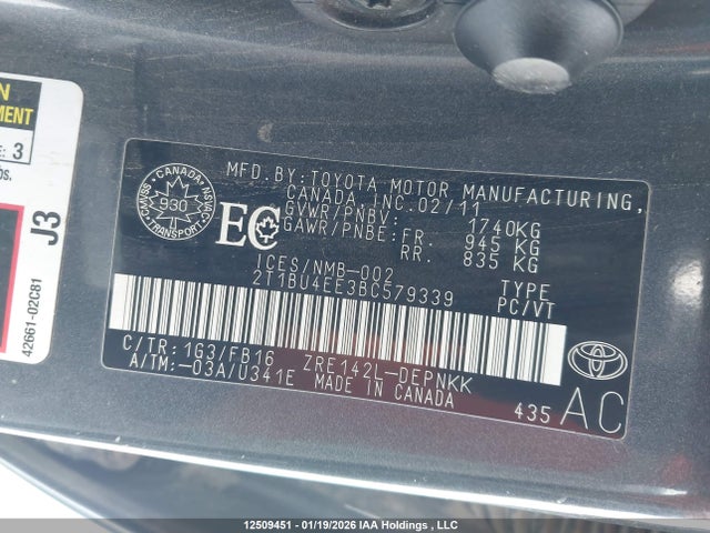 12509451 :رقم المزاد ، 2T1BU4EE3BC579339 vin ، 2011 Toyota Corolla Le مزاد بيع