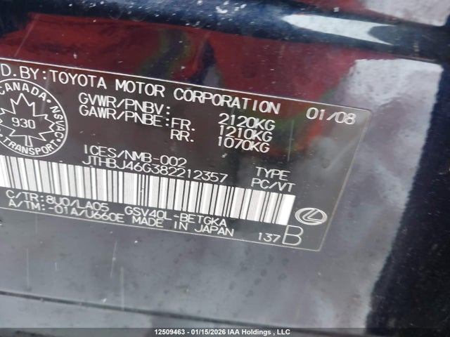 2008 Lexus Es 350 350 მანქანა იყიდება აუქციონზე, vin: JTHBJ46G382212357, აუქციონის ნომერი: 12509463