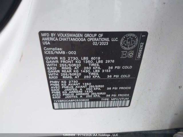 12509494 :رقم المزاد ، 1V2BR2CA8PC533820 vin ، 2023 Volkswagen Atlas 3.6 Fsi Highline مزاد بيع