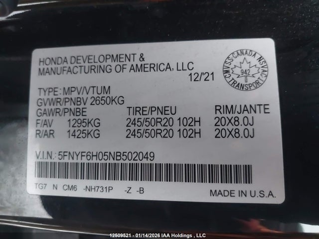 5FNYF6H05NB502049 Honda Pilot Black Edition