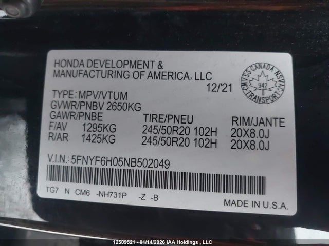 5FNYF6H05NB502049 Honda Pilot Black Edition