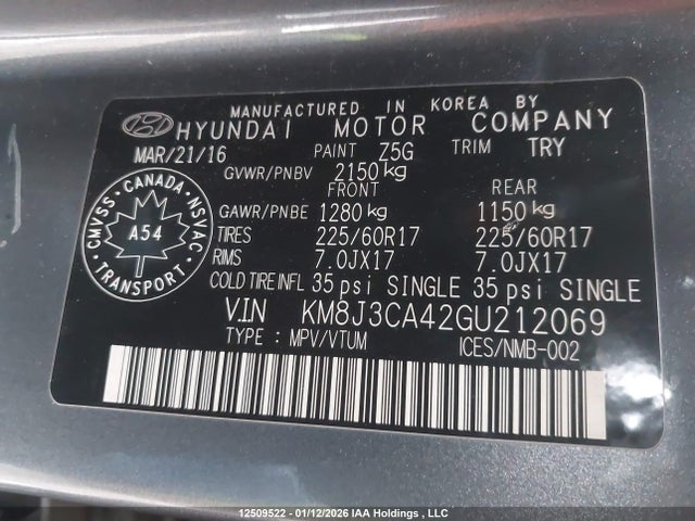 KM8J3CA42GU212069 Hyundai Tucson Limited/sport And Eco/se