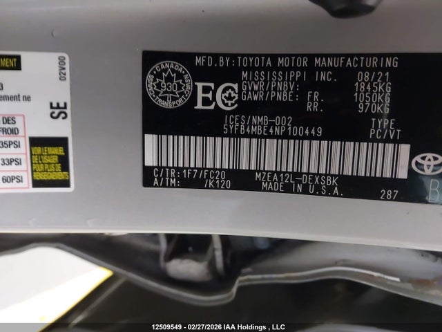 12509549 :رقم المزاد ، 5YFB4MBE4NP100449 vin ، 2022 Toyota Corolla Se مزاد بيع