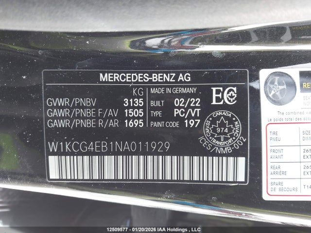 12509577 :رقم المزاد ، W1KCG4EB1NA011929 vin ، 2022 Mercedes-benz Eqs مزاد بيع