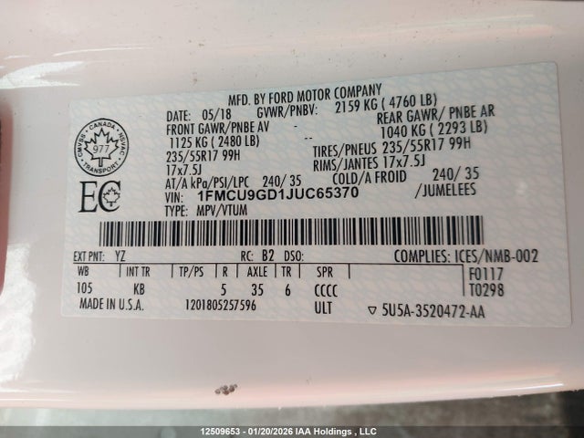 1FMCU9GD1JUC65370 Ford ESCAPE SE