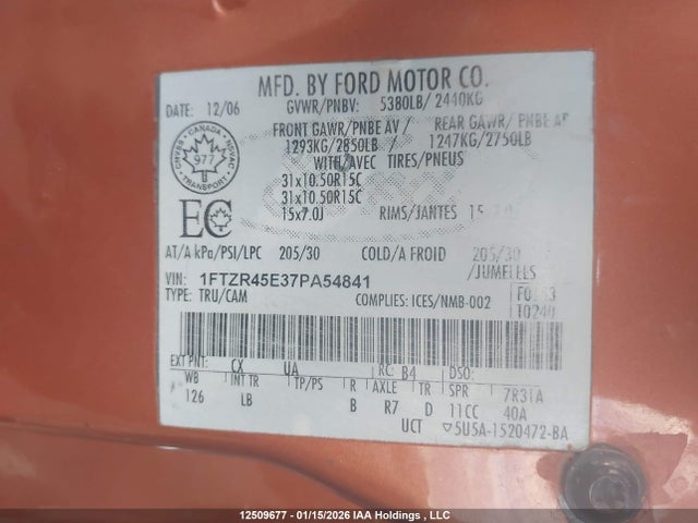 2007 Ford Ranger Super Cab მანქანა იყიდება აუქციონზე, vin: 1FTZR45E37PA54841, აუქციონის ნომერი: 12509677