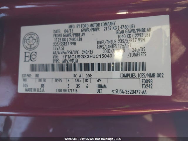 1FMCU9GX3FUC15040 Ford ESCAPE SE