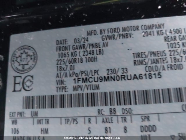 12509713 :رقم المزاد ، 1FMCU9MN0RUA61815 vin ، 2024 Ford Escape St-line مزاد بيع