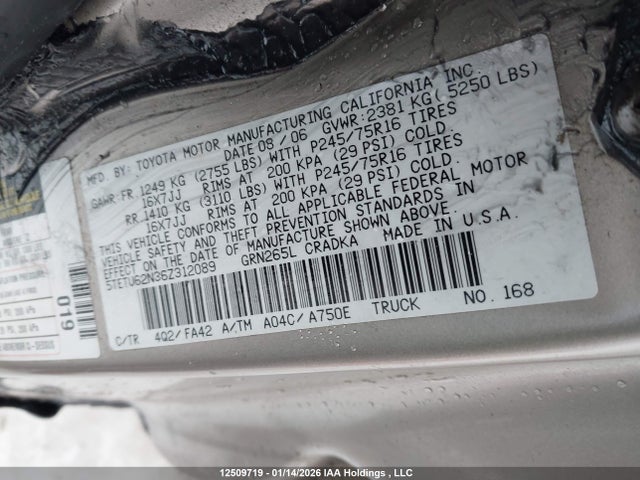 2006 Toyota Tacoma Prerunner Access Cab მანქანა იყიდება აუქციონზე, vin: 5TETU62N36Z312089, აუქციონის ნომერი: 12509719