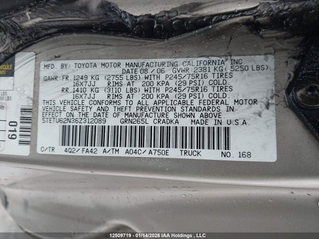 2006 Toyota Tacoma Prerunner Access Cab მანქანა იყიდება აუქციონზე, vin: 5TETU62N36Z312089, აუქციონის ნომერი: 12509719