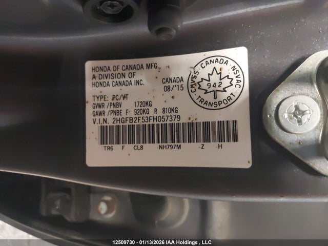 12509730 :رقم المزاد ، 2HGFB2F53FH057379 vin ، 2015 Honda Civic Ex مزاد بيع