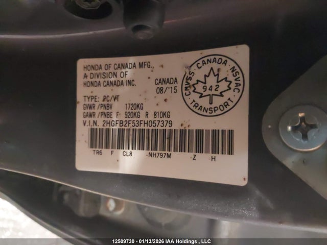 12509730 :رقم المزاد ، 2HGFB2F53FH057379 vin ، 2015 Honda Civic Ex مزاد بيع