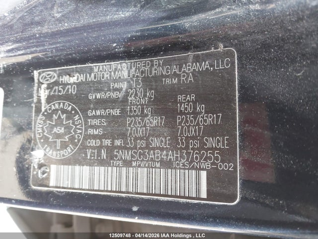 Продажа на аукционе авто 2010 Hyundai Santa Fe Gl 2.4, vin: 5NMSG3AB4AH376255, номер лота: 12509748
