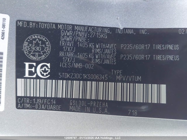 5TDKZ3DC1KS006345 Toyota SIENNA LE