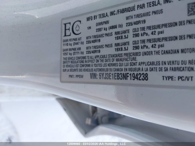 Продаж на аукціоні авто 2022 Tesla Model 3 Long Range, vin: 5YJ3E1EB3NF194238, номер лоту: 12509860