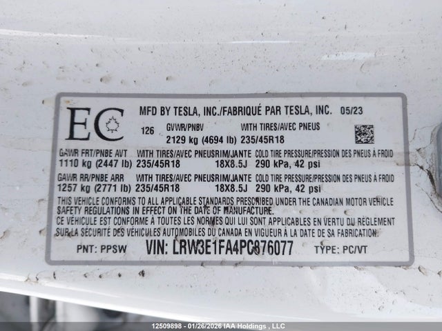 LRW3E1FA4PC876077 Tesla Model 3 Rwd
