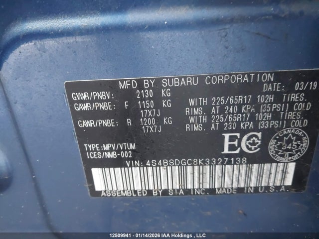 4S4BSDGC8K3327138 Subaru Legacy Outback
