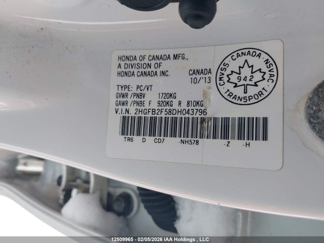 12509965 :رقم المزاد ، 2HGFB2F58DH043796 vin ، 2013 Honda Civic Lx مزاد بيع