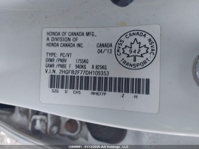 2013 Honda Civic Touring მანქანა იყიდება აუქციონზე, vin: 2HGFB2F77DH109353, აუქციონის ნომერი: 12509991