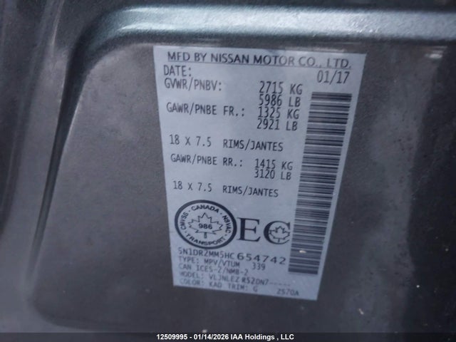 5N1DR2MM5HC654742 Nissan Pathfinder Platinum/s/sl/sv