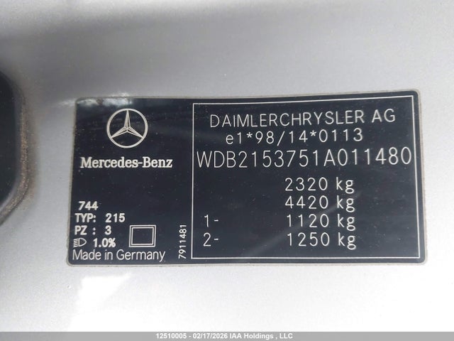 Aukcja sprzedaży 2001 Mercedes-benz Cl 500, vin: WDB2153751A011480, numer aukcji: 12510005