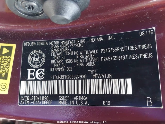 5TDJKRFH2GS327930 Toyota Highlander Xle