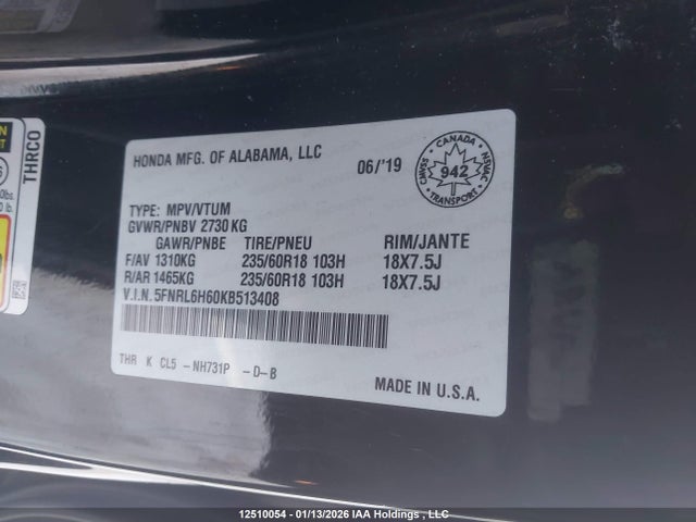 5FNRL6H60KB513408 Honda ODYSSEY EXL