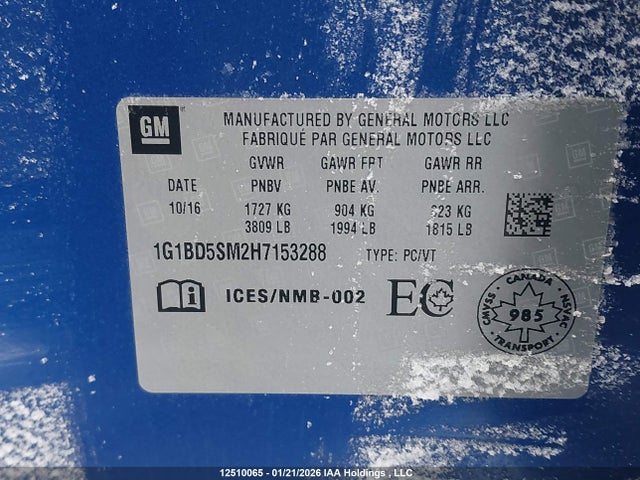 1G1BD5SM2H7153288 Chevrolet Cruze Lt Manual
