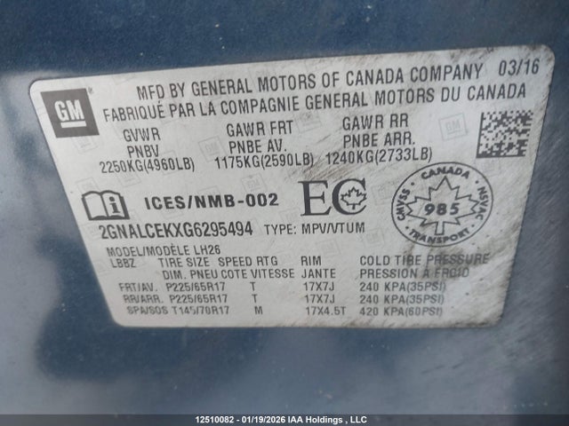 2GNALCEKXG6295494 Chevrolet EQUINOX LT