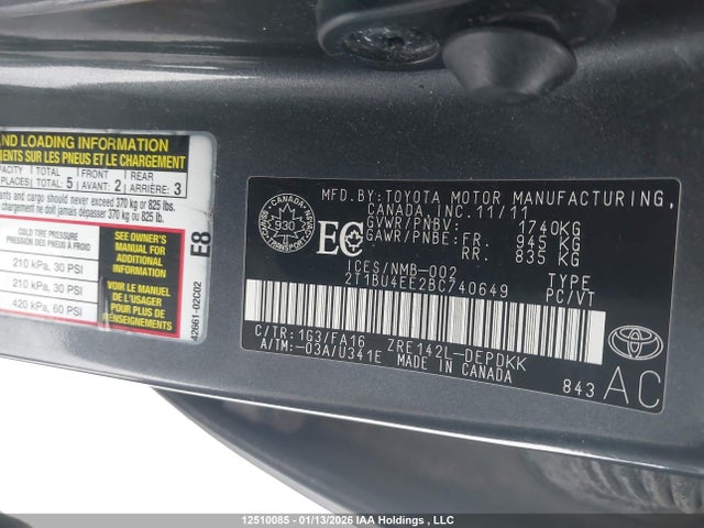 12510085 :رقم المزاد ، 2T1BU4EE2BC740649 vin ، 2011 Toyota Corolla S/le مزاد بيع