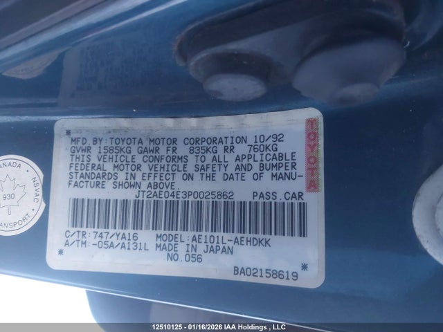 Aukcja sprzedaży 1993 Toyota Corolla, vin: JT2AE04E3P0025862, numer aukcji: 12510125