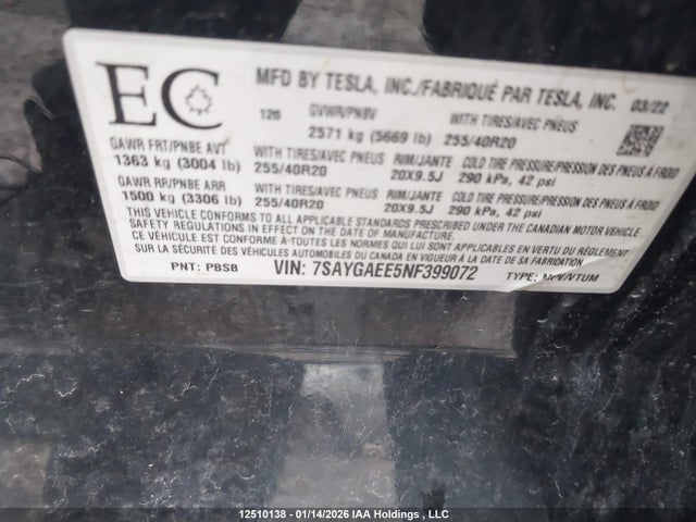 7SAYGAEE5NF399072 Tesla Model Y