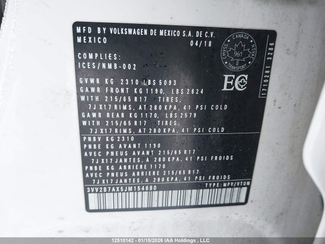 3VV2B7AX5JM154680 Volkswagen Tiguan Se/sel