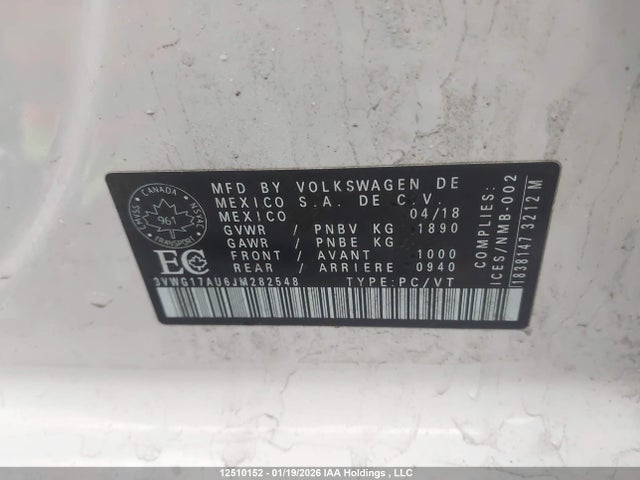 3VWG17AU6JM282548 Volkswagen GOLF S/SE