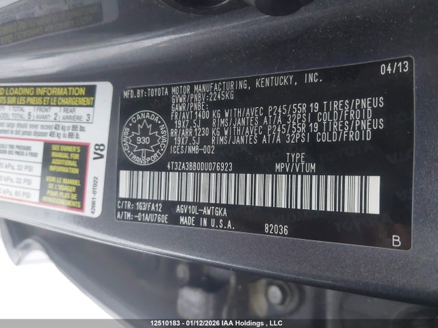 2013 Toyota Venza Le/xle მანქანა იყიდება აუქციონზე, vin: 4T3ZA3BB0DU076923, აუქციონის ნომერი: 12510183
