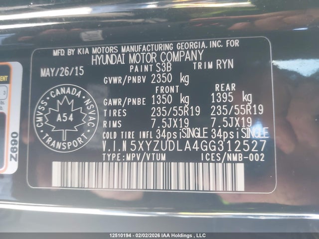 5XYZUDLA4GG312527 Hyundai Santa Fe