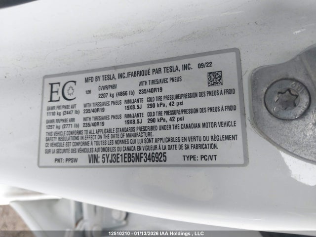 Aukcja sprzedaży 2022 Tesla Model 3 Long Range, vin: 5YJ3E1EB5NF346925, numer aukcji: 12510210