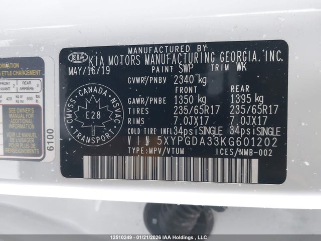 5XYPGDA33KG601202 KIA Sorento 2.4l Lx