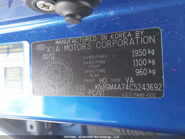 Продажа на аукционе авто 2012 Kia Optima Lx, vin: KNAGM4A74C5243692, номер лота: 12510252