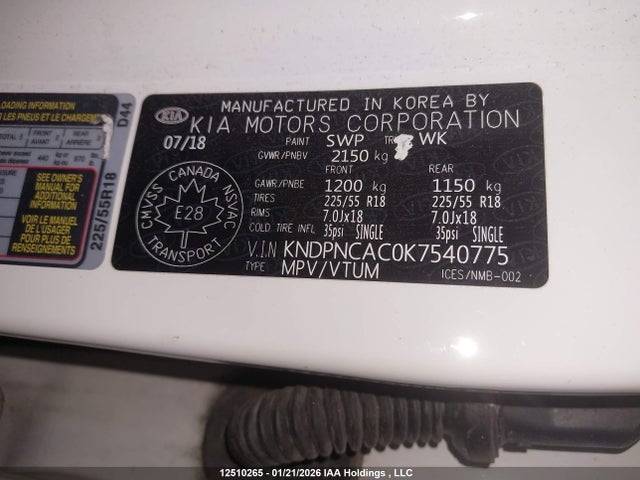 Aukcja sprzedaży 2019 Kia Sportage Ex, vin: KNDPNCAC0K7540775, numer aukcji: 12510265