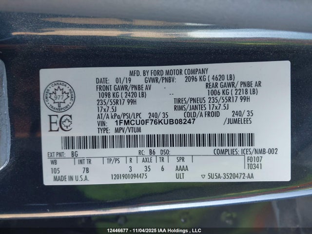 Aukcja sprzedaży 2019 Ford Escape S, vin: 1FMCU0F76KUB08247, numer aukcji: 12446677