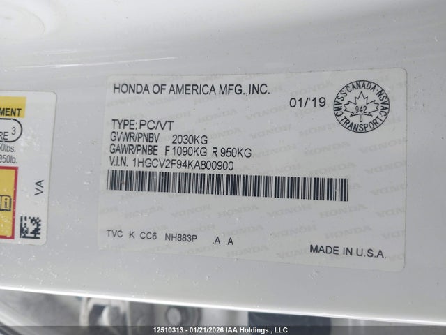 1HGCV2F94KA800900 Honda Accord Touring 2.0t