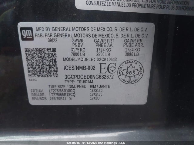 3GCPDCED0NG682672 Chevrolet Silverado K1500 Trail Boss Custom