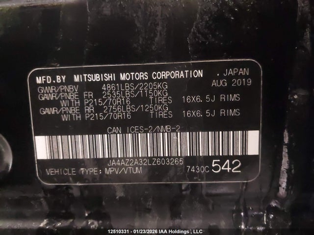 2020 Mitsubishi Outlander Es მანქანა იყიდება აუქციონზე, vin: JA4AZ2A32LZ603265, აუქციონის ნომერი: 12510331