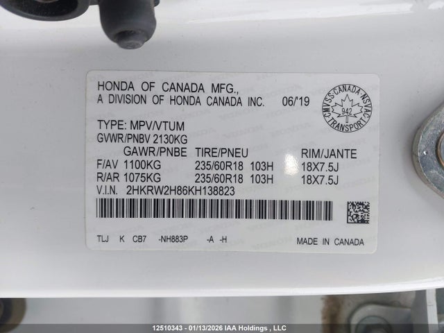 2HKRW2H86KH138823 Honda Cr-v Ex-l