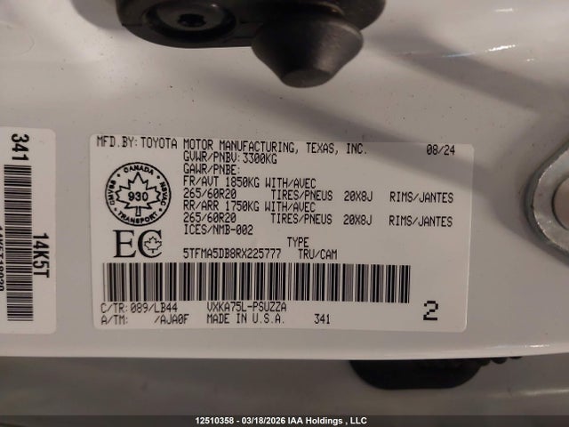 Aukcja sprzedaży 2024 Toyota Tundra Crewmax Platinum/crewmax 1794, vin: 5TFMA5DB8RX225777, numer aukcji: 12510358