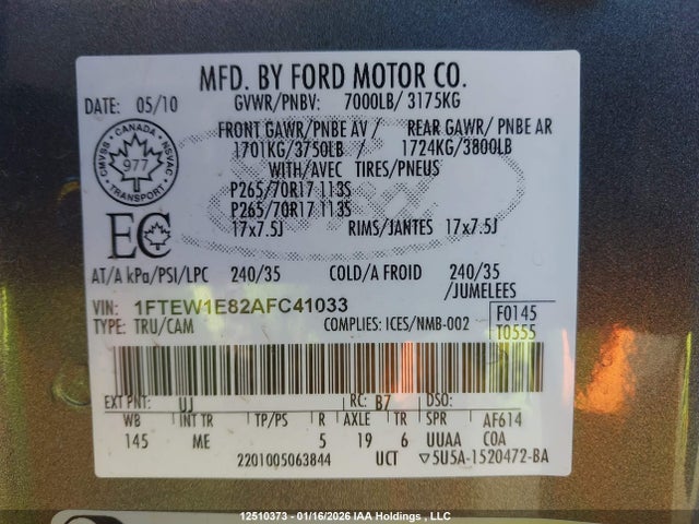 12510373 :رقم المزاد ، 1FTEW1E82AFC41033 vin ، 2010 Ford F-150 Xlt مزاد بيع