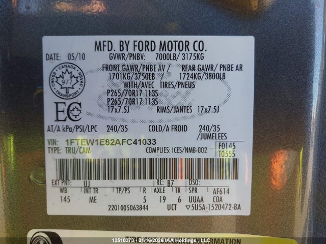 12510373 :رقم المزاد ، 1FTEW1E82AFC41033 vin ، 2010 Ford F-150 Xlt مزاد بيع